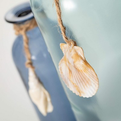 Sea-Blue Glass Bottle Vase Set with Jute and Seashell Accents