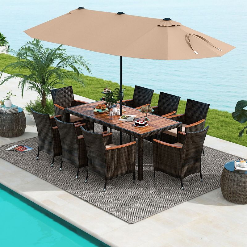 Tangkula 9 Piece Patio Wicker Dining Set w/ Double-Sided Patio Coffee Umbrella Stackable Chairs, 3 of 11