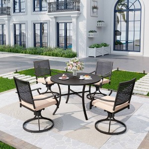 5pc Outdoor Dining Set with Swivel Chairs with Cushions & Round Metal Table with Umbrella Hole - Black - Captiva Designs - 1 of 4