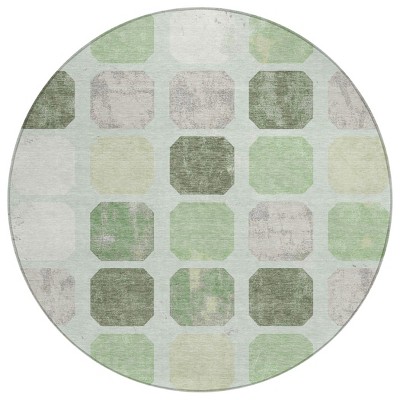 HomeRoots 8' Artichoke Green Ivory And Gray Round Geometric Washable Indoor Outdoor Area Rug