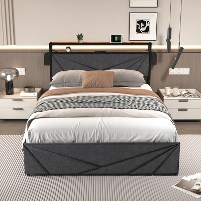 Upholstered Bed Frame with Storage Drawers, LED Headboard, Charging Station and Metal Slats for Bedroom - Baofuwish