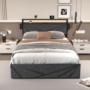Upholstered Bed Frame with Storage Drawers, LED Headboard, Charging Station and Metal Slats for Bedroom - Baofuwish - 1 of 4