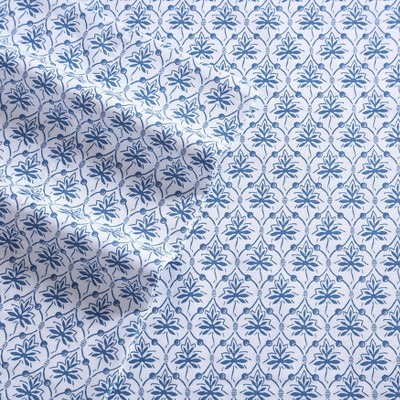 Blue Cotton Sateen Queen Sheet Set with Floral Print