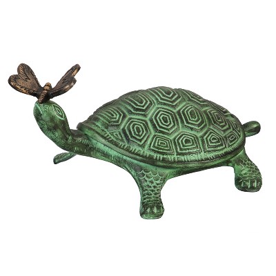 Evergreen 14"L Verdigris Metal Garden Statuary, Turtle and Butterfly