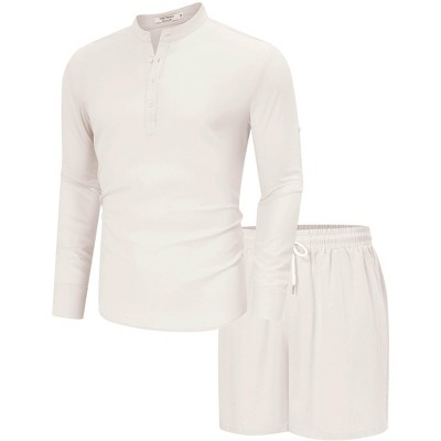 Men's 2 Piece sets beach outfits Summer casual Linen Sets Henley Shirts and Shorts