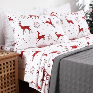 Christmas Flannel Sheets, 100% Cotton 160 GSM, Double Brushed, Deep Pocket Fitted Sheet (16"), Soft Warm Holiday Bed Sheet Set, Red Tree Print - 1 of 4