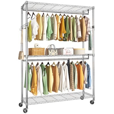 Simple Trending Clothes Rack, Rolling Heavy Duty Garment Rack with Double Rods, Chrome