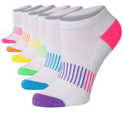 Tipi Toe Women's 6 Pack Cushioned Comfort Running Classic White With Rainbow Stripes & Toe Ladies Ankle Socks