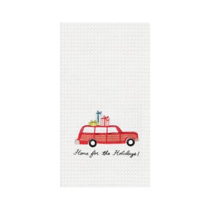 C&F Home 27" x 18"  "Home For Holidays" Sentiment with Red Station Wagon Car Cotton Embroidered & Waffle Weave Kitchen DIsh Towel - 1 of 2