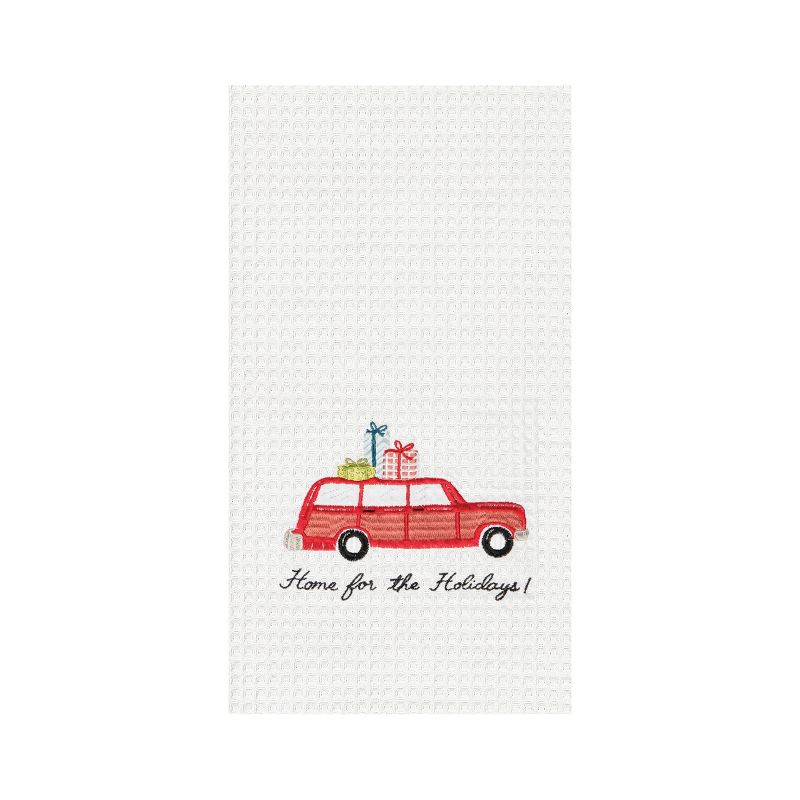 C&F Home 27" x 18"  "Home For Holidays" Sentiment with Red Station Wagon Car Cotton Embroidered & Waffle Weave Kitchen DIsh Towel, 1 of 3