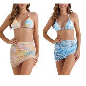 INSPIRE CHIC Women's Halter Contrast Color Tie Back Triangle Bottoms Bathing Bikini Suits 2 Sets - 1 of 4