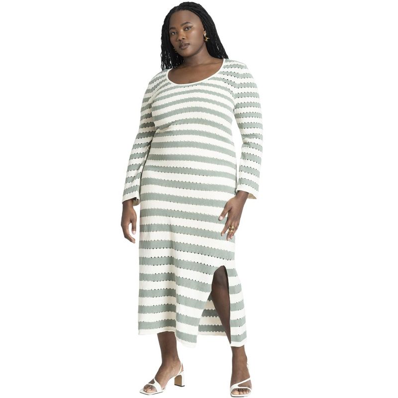 ELOQUII Women's Plus Size Striped Sweater Dress With Tie Back, 1 of 2