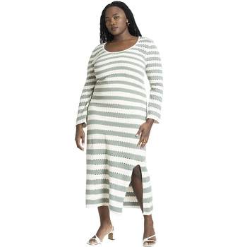 ELOQUII Women's Plus Size Striped Sweater Dress With Tie Back