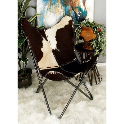 Handcrafted White Leather Butterfly Accent Chair with Metal Frame