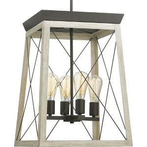 Progress Lighting Briarwood 4-Light Foyer Pendant, Steel, Graphite, Vintage-Style Bulbs, Wood Enclosure - 1 of 4