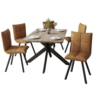 LeisureMod Ravenna 5-Piece Dining Set 63" Rectangular Dining Table with Natural Wood MDF Top and 4 Leather Side Chairs