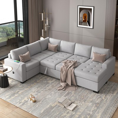 108.3" U-Shape Sectional Sleeper Sofa with Pull-Out Bed, Chaise Lounge, USB & Type-C Ports