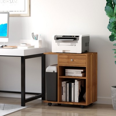 Walnut Particleboard Rolling Printer Stand with Drawer and Shelves