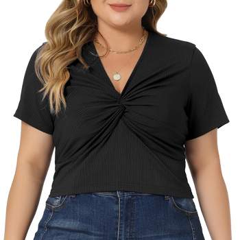 Agnes Orinda Women's Plus Size Twist Front V Neck Ribbed Short Sleeve Slim Fit Casual Solid Blouses