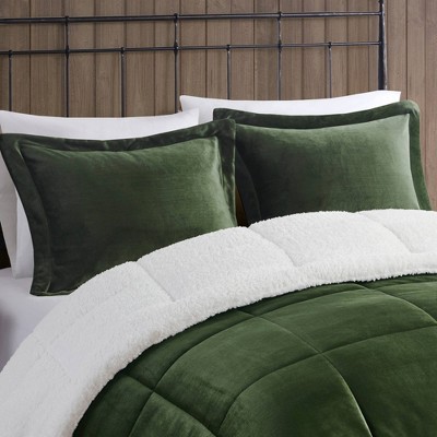 Queen Green/Ivory Microfiber Reversible Comforter Set with Sherpa