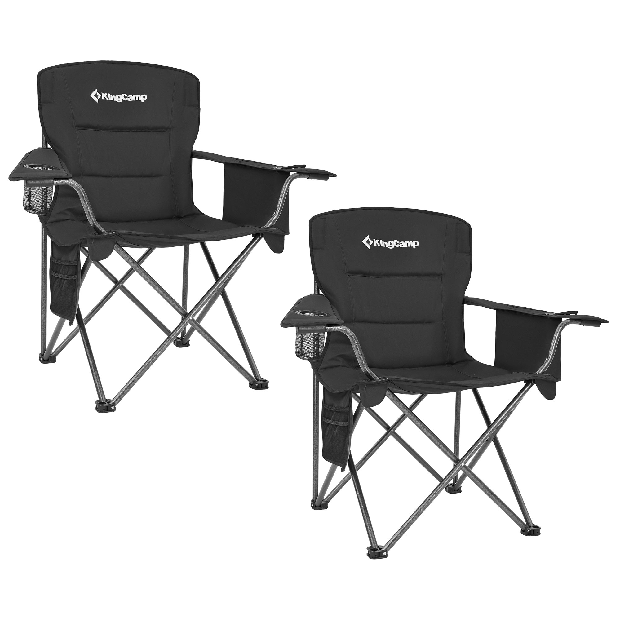 KingCamp Padded Folding Lounge Chairs with Built-In Cupholder, Insulated Cooler Sleeve, and Side Storage Pocket for Indoor & Outdoors, Black (2 Pack)