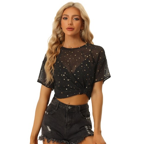 Allegra K Women's Sequin Shiny Glitter Crop Short Sleeves Tassel T-shirt :  Target