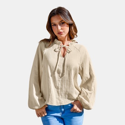Women's Beige Tie-Front Blouson Sleeve Blouse - Cupshe