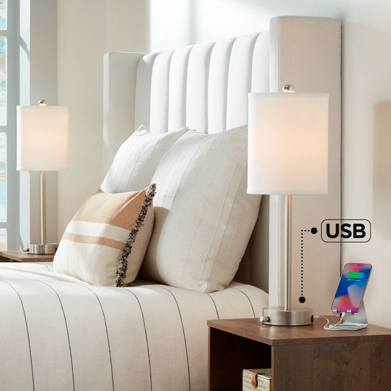 360 Lighting Trotter Modern Table Lamps 23 3/4" High Set of 2 Brushed Nickel with USB and AC Power Outlet in Base White Fabric Cylinder for Home Desk, 2 of 10