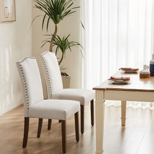Zeus & Ruta Modern Armless Dining Chairs with Upholstered Fabric, Nailhead Trim & Wood Legs - Set of 2 - 1 of 4