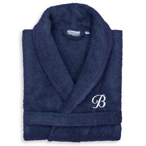 Linum Home Textiles 100% Turkish Cotton Unisex Personalized Terry Bathrobe Navy in White Script Font - 1 of 3