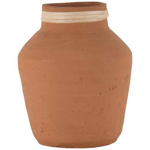 Foreside Home & Garden Natural Handthrown Oval Terracotta Planter with Handpainted Block Pattern