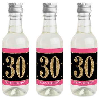 Big Dot of Happiness Chic 30th Birthday - Pink, Black and Gold - Mini Wine and Champagne Bottle Label Stickers - Birthday Party Favor Gift - Set of 16