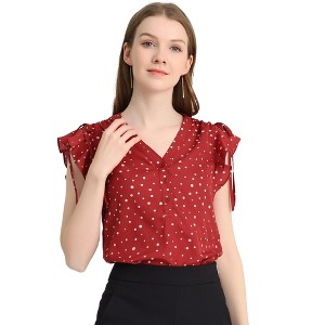 Allegra K Women's Chiffon Ruffle Flutter Sleeves Half Placket V Neck Dot Print Blouse - 1 of 4
