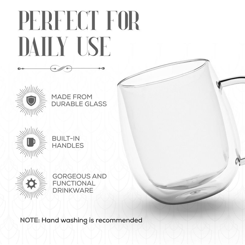 Elle Decor Double Wall Glass Mugs, Set of 2, 8 oz. Coffee Mug, Heat Resistant Borosilicate Glass, Elegant Design, Durable & Lightweight, 3 of 8