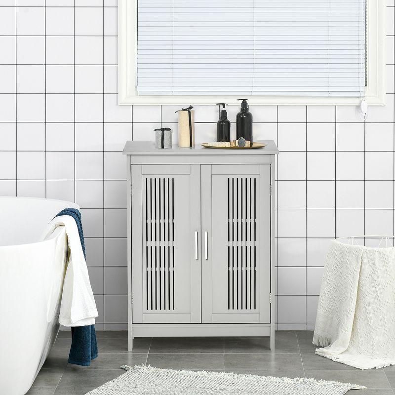kleankin Modern Bathroom Floor Cabinet, Free Standing Linen Cabinet, Storage Cupboard with 3 Tier Adjustable Shelves, Gray, 2 of 7