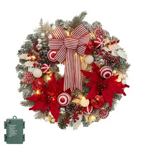COZONY 24 Inch Pre-Lit Christmas Wreath with Timer, Battery Operated Wreath with 20 Lights Flower Bow Pine Cones for Front Door Indoor Outdoor - 1 of 4