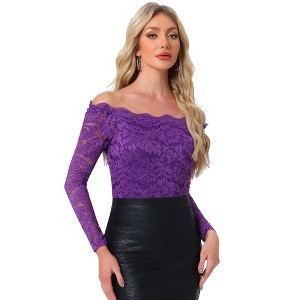 Allegra K Women's Off Shoulder Floral Lace Sheer Long Sleeves Lined Casual Blouse - 1 of 4