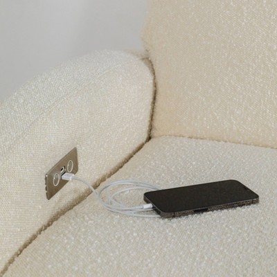 Ivory Boucle Swivel Recliner with Light Wood Base
