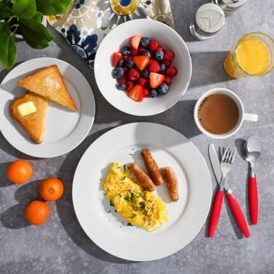 Regal White 32-Piece Porcelain Dinnerware Set with Red Handle Utensils