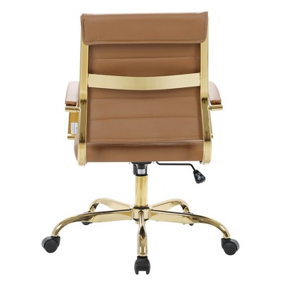 Mid-Century Swivel Office Chair in Brown Faux Leather and Gold Metal