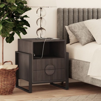 JIONJOY Nightstand with USB Charging Ports, Fluted 2-Drawer Bedside Table with Textured Fronts