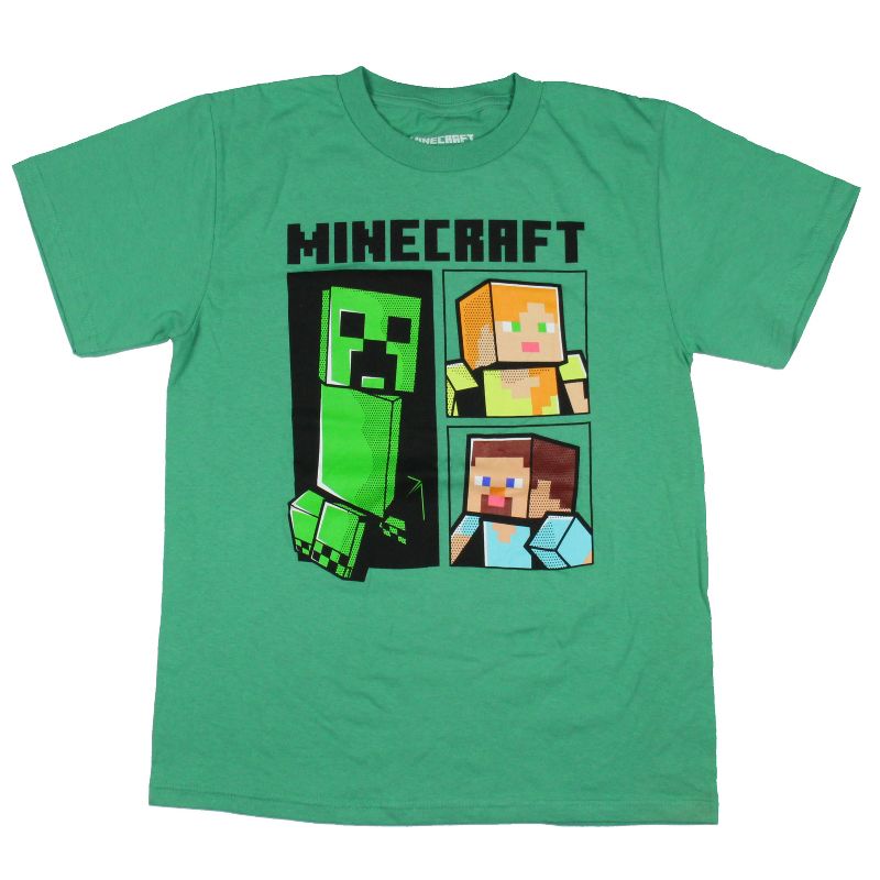 Minecraft Boy's Creeper Steve and Alex Panel Graphic Print T-Shirt Kids, 1 of 4