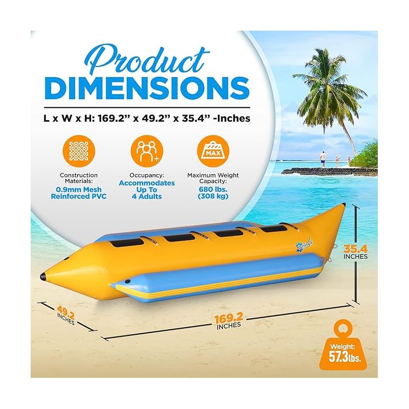 SereneLife Person Inflatable Banana Boat, Includes Storage Bag, Foot Pump, and Repair Kit, Tough and Thick, Reinforced Seats and Foot Areas, 2 of 8