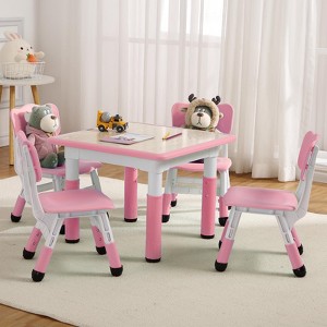Modern Kids Table and 4 Chair Set,23" Height Adjustable Toddler Table and 4 Chairs with Non-Slip Desk Legs&Organizer Graffiti Desktop - 1 of 4