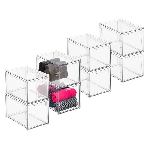 mDesign Plastic Stacking Closet Storage Organizer Bin with Drawer, 4 Pack,  Clear