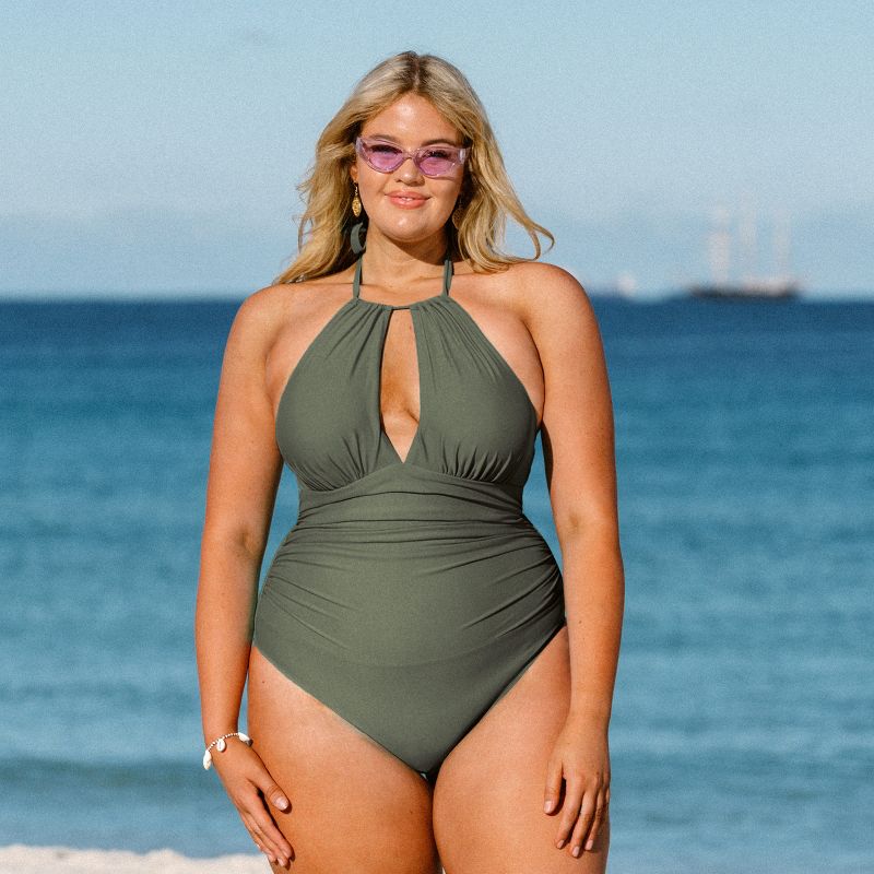 Women's Green Plus Size One Piece Ruched Cutout Halter Self Tied Bathing Suit - Cupshe -Olive, 2 of 5