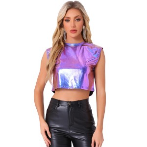 Allegra K Women's Round Neck Party Sleeveless Holographic Crop Metallic Tank Top - 1 of 4