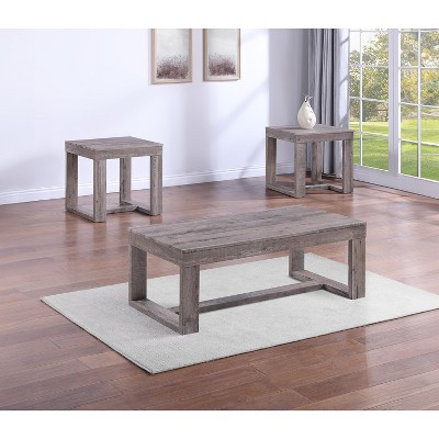 3pc Contemporary Cocktail Set 1x Rectangular Coffee Table and 2x Square End Table Rustic Brown Gray Tan Finish Living Room Wooden Furniture