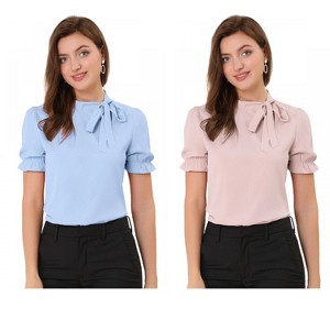 Allegra K Women's Elegant Bow Tie Neck Elastic Cuffs Office Short Sleeve Blouse 2 Pcs - 1 of 4