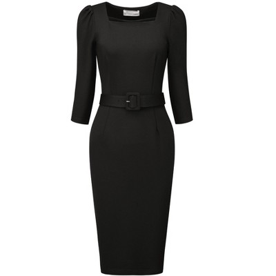 Hobemty Women's Vintage Square Neck Puff Sleeve Belted Pencil Dresses ...